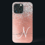 Rose Gold Pretty Girly Silver Glitter Sparkly iPhone 13 Pro Case<br><div class="desc">Easily personalize this trendy chic phone case design featuring pretty silver sparkling glitter on a rose gold brushed metallic background.</div>