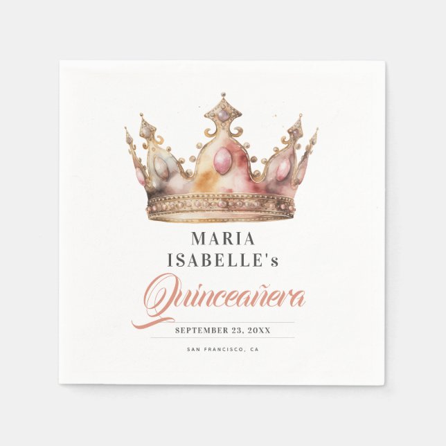 Rose Gold Princess Crown Quinceañera Party Napkins (Front)