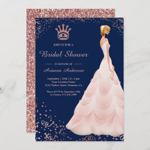 Rose Gold Princess Dress Blue Bridal Shower Invitation