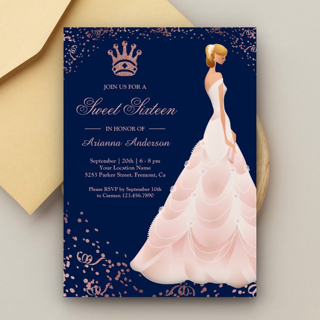 Rose Gold Princess Dress Blue Sweet Sixteen Invitation (Creator Uploaded)