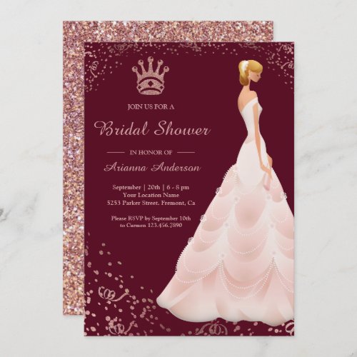Rose Gold Princess Dress Burgundy Bridal Shower Invitation