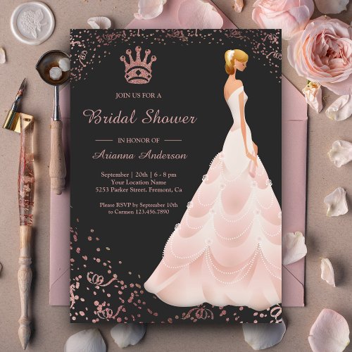 Rose Gold Princess Dress Gray Bridal Shower Invitation