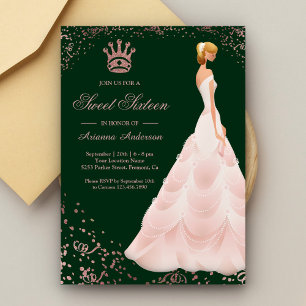 Rose Gold Princess Dress Green Sweet Sixteen Invitation
