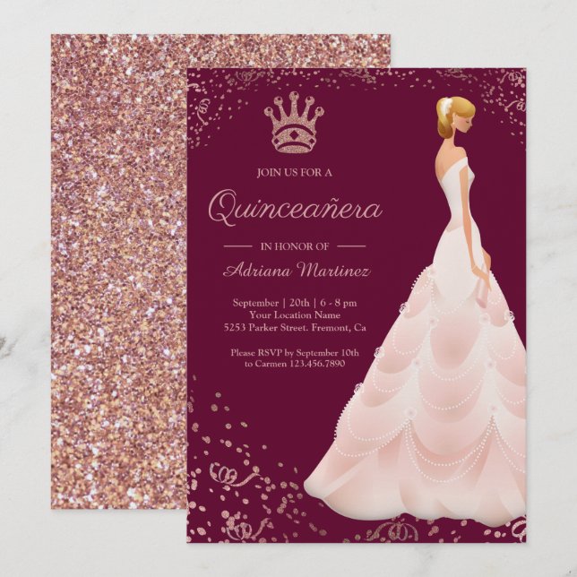 Rose Gold Princess Dress Magenta Quinceanera Invitation (Front/Back)