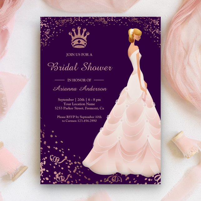 Rose Gold Princess Dress Purple Bridal Shower Invitation (Creator Uploaded)