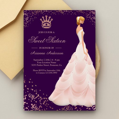 Rose Gold Princess Dress Purple Sweet Sixteen Invitation