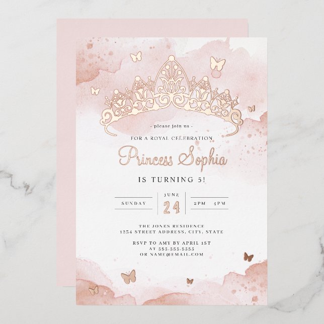 Rose Gold Princess Girls Birthday Party  Foil Invitation (Front/Back)