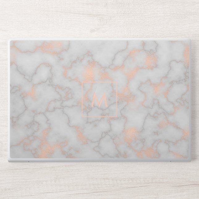 Rose Gold Printed Marble Texture Monogram HP Laptop Skin (Front)