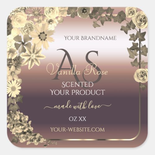 Rose Gold Product Label Cream Flowers and Monogram