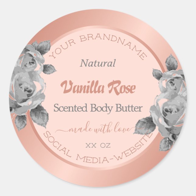Rose Gold Product Packaging Labels Gray Flowers (Front)