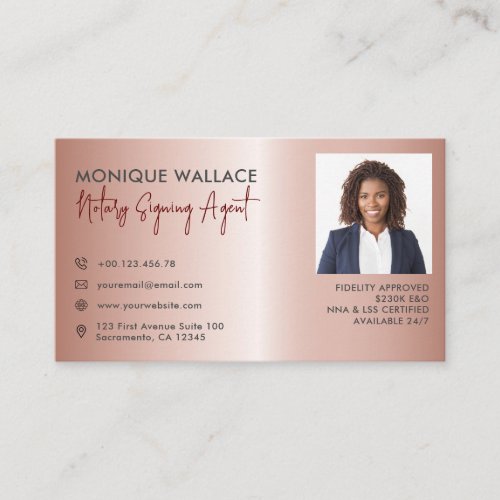 Rose Gold  Professional Photo Notary Service Business Card