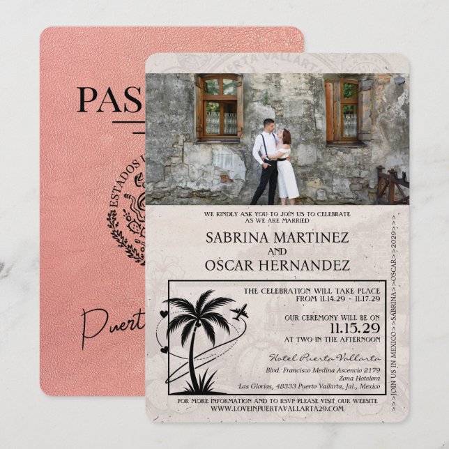Rose Gold Puerta Vallarta Passport Wedding Invitation (Front/Back)
