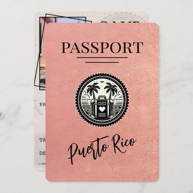 Rose Gold Puerto Rico Passport Save The Date (Front/Back)