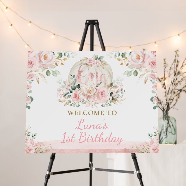Rose Gold Pumpkin Girl 1st Birthday Fall Welcome Foam Board (In Situ (Stand))