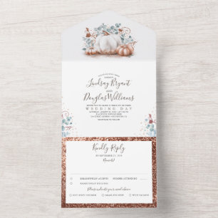 Rose Gold Pumpkins Eucalyptus Leaves Fall Wedding All In One Invitation