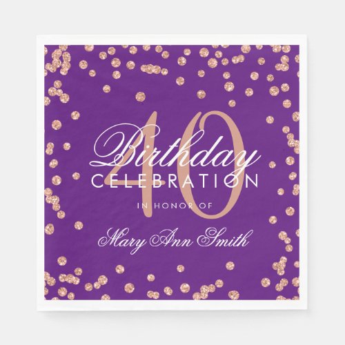Rose Gold Purple 40th Birthday Glitter Confetti Napkins