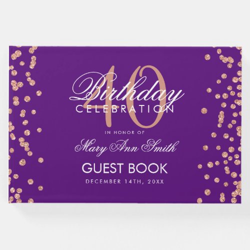 Rose Gold Purple 40th Birthday Party Confetti Guest Book
