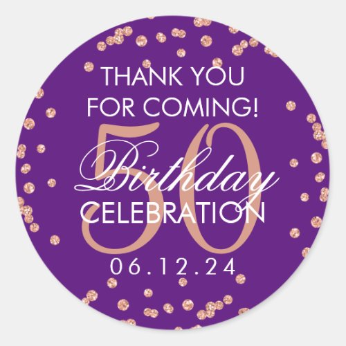 Rose Gold Purple 50th Birthday Thank You Confetti Classic Round Sticker