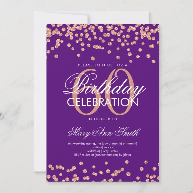 Rose Gold Purple 60th Birthday Glitter Confetti Invitation (Front)
