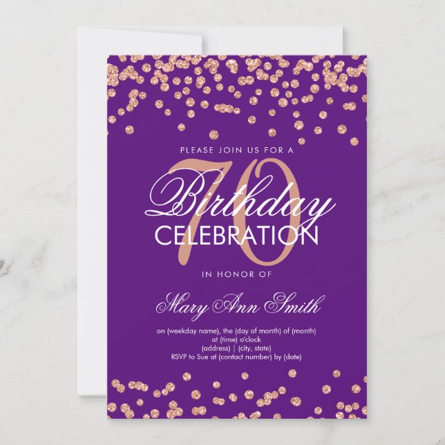 Rose Gold Purple 70th Birthday Glitter Confetti Invitation (Front)