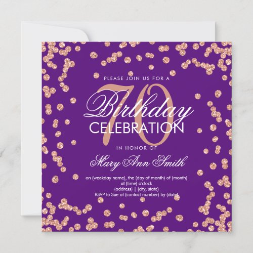 Rose Gold Purple 70th Birthday Glitter Confetti Invitation