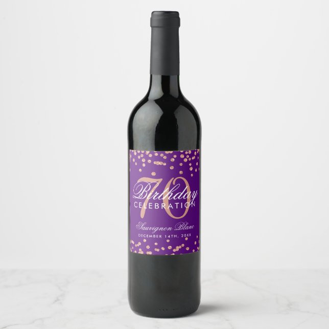 Rose Gold Purple 70th Birthday Glitter Confetti Wine Label