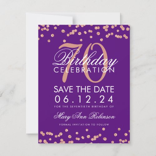 Rose Gold Purple 70th Birthday Save Date Confetti Save The Date