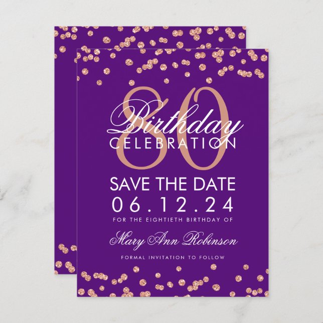 Rose Gold Purple 80th Birthday Save Date Confetti Invitation (Front/Back)