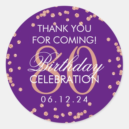 Rose Gold Purple 80th Birthday Thank You Glitter Classic Round Sticker