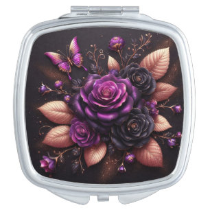 Rose Gold, Purple and Black Roses and Butterfly Compact Mirror