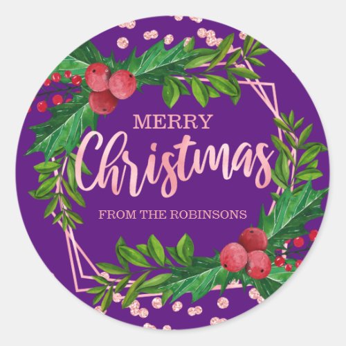 Rose Gold Purple Family Christmas Holly Glitter Classic Round Sticker
