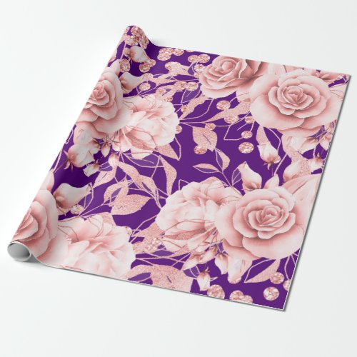 Rose Gold Purple Floral w Glitter Confetti Wrapping Paper