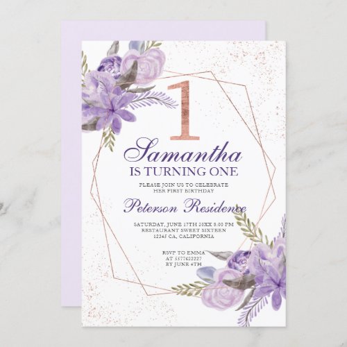 Rose gold purple floral watercolor 1st birthday invitation