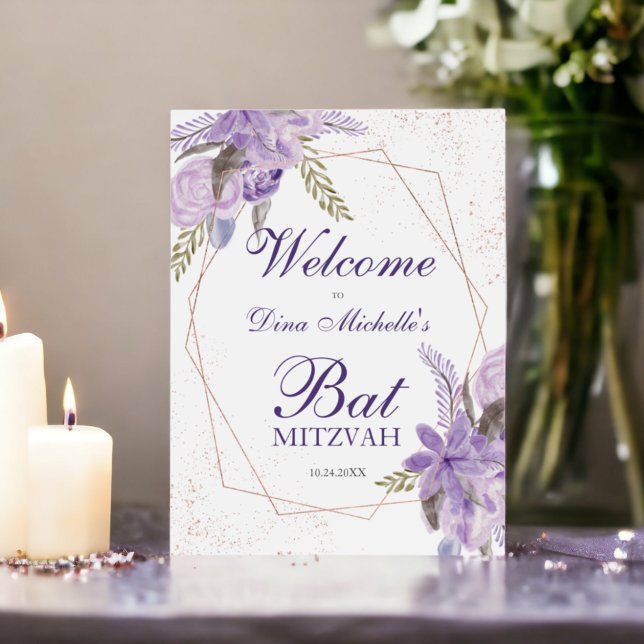Rose gold purple floral watercolor Bat Mitzvah Poster (Rose gold purple floral watercolor Bat Mitzvah Poster)