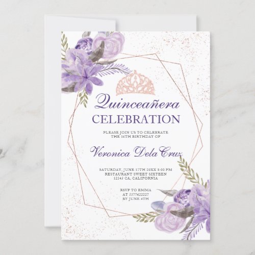 Rose gold purple floral watercolor Quinceanera Invitation