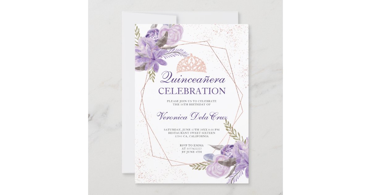 Rose gold purple floral watercolor Quinceanera Invitation | Zazzle