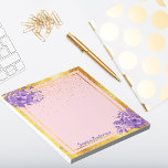 Rose gold purple florals name notepad<br><div class="desc">Trendy and glamorous with elegant rose gold,  pink colored background.  With a faux rustic gold frame,  and trendy violet and purple colored watercolored flowers.  Template for your name purple colored letters in a hand lettered style script.</div>