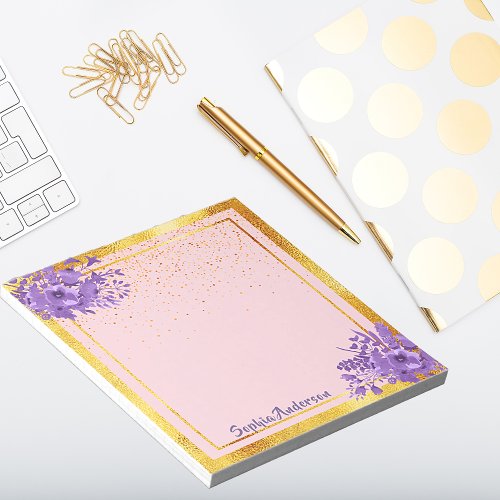 Rose gold purple florals name notepad