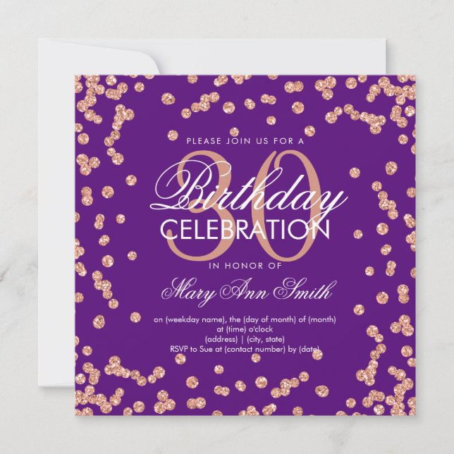 Rose Gold Purple Glitter Confetti 30th Birthday Invitation (Front)