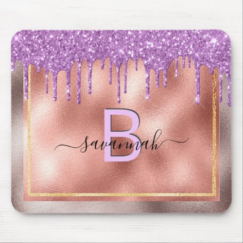 Rose gold purple glitter drip pink monogram mouse pad