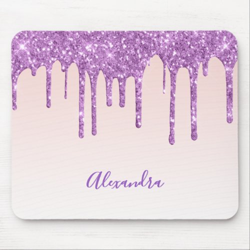 Rose gold purple glitter drips name mouse pad