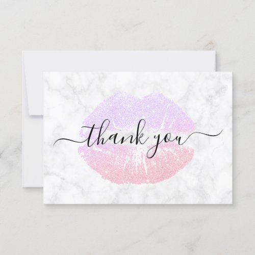 Rose gold  purple glitter lips white marble thank you card