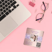 Rose gold purple glitter photo qr code square business card