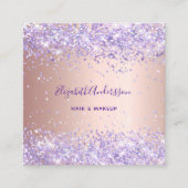 Rose gold purple glitter photo qr code square business card (Front)