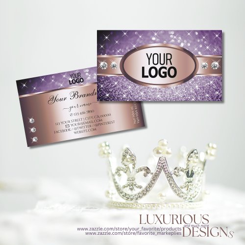 Rose Gold Purple Glitter Stars Diamonds add Logo Business Card