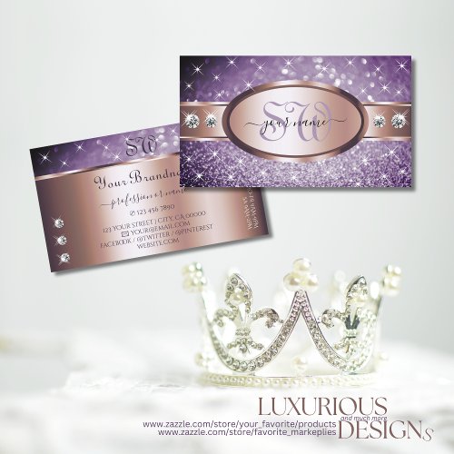 Rose Gold Purple Glitter Stars Diamonds Monogram Business Card