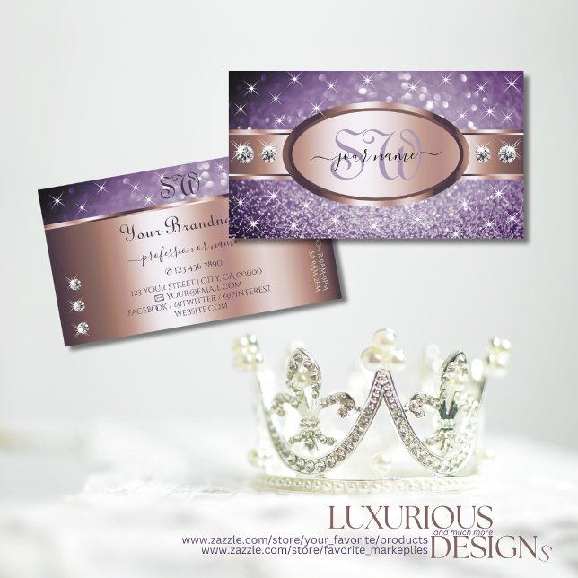Rose Gold Purple Glitter Stars Diamonds Monogram Business Card (Creator Uploaded)