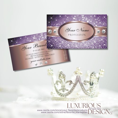 Rose Gold Purple Glitter Stars Diamonds Striking Business Card