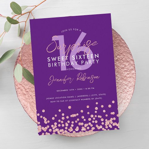 Rose Gold Purple Glitter Surprise Sweet 16  Invitation