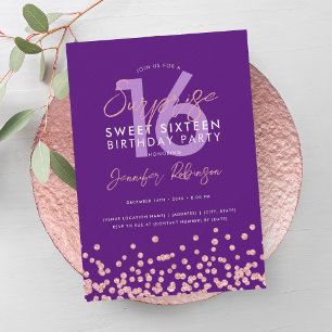 Rose Gold Purple Glitter Surprise Sweet 16 Invitation